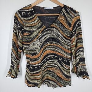 Vtg Y2K Dressbarn Abstract Artsy Forest Fairy Top Flare Cuffs 3/4 Sleeves Grunge